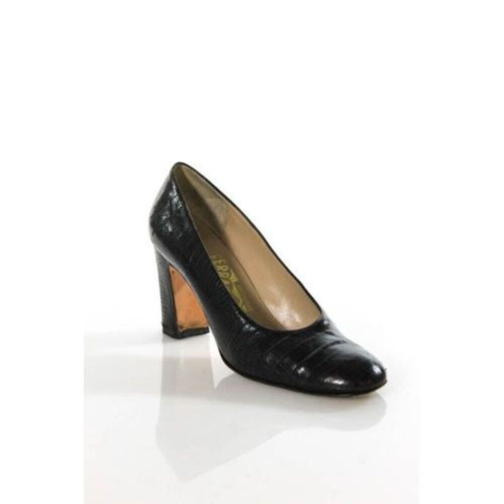 SALVATORE FERRAGAMO Brown Leather Embossed Round Toe Chunky Heel Pumps Sz 6.5
